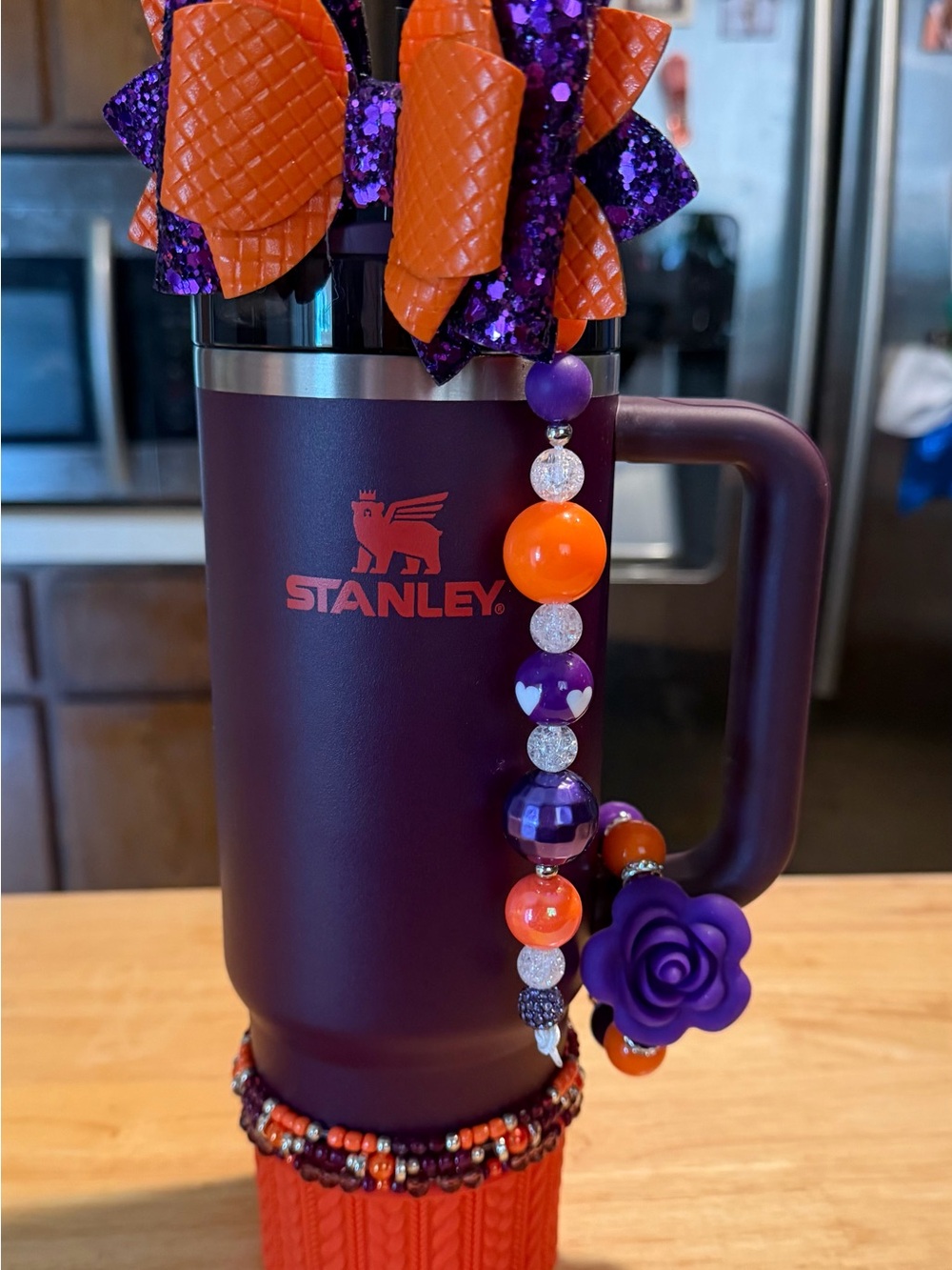 Stanley Purple and orange brand new, “dressed” with handmade accessories